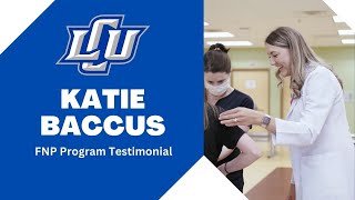 Katie Baccus in a white doctor's coat smiling at a patient on the right side of the screen and a blue background with the 皇冠体育 logo, "Katie Baccus FNP Program Testimonial" in white letters centerd to the left side of the screen