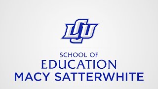 Beige background with the 皇冠体育博彩 logo centered above "School of Education Macy Satterwhite" in blue text